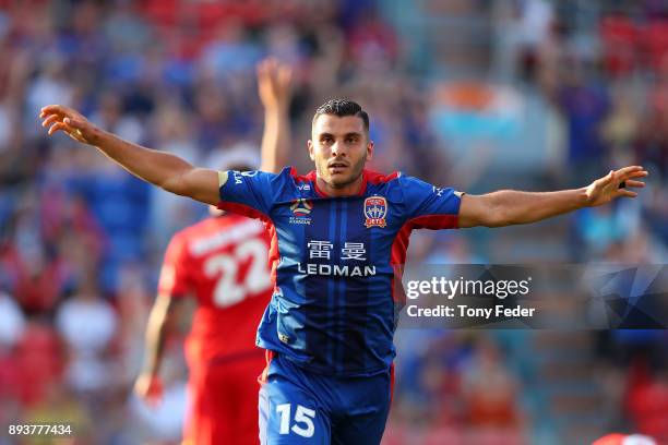 Andrew Nabbout of the Jets celebrates after scoring a goal during the round 11 A-League match between the Newcastle Jets and the Adelaide United at...