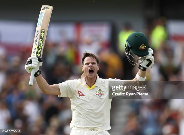 Steve Smith of Australia celebrates after reaching his double century during day three of the Third Test match during the 2017/18 Ashes Series...