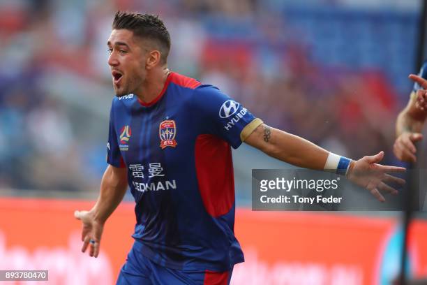 Dimitri Petratos of the Jets celebrates after scoring a goal during the round 11 A-League match between the Newcastle Jets and the Adelaide United at...