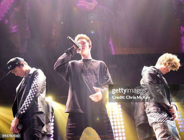 Jonah Marais, Daniel Seavey, and Jack Avery of Why Don't We perform during Power 96.1's iHeartRadio Jingle Ball 2017 at Philips Arena on December 15,...