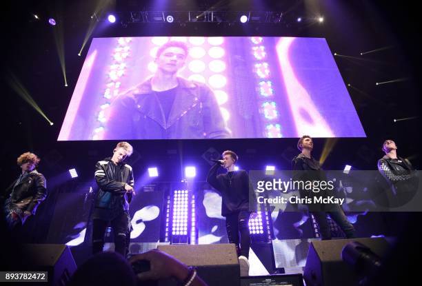 Jack Avery, Zach Herron, Daniel Seavey, Corbyn Besson, and Jonah Marais of Why Don't We perform during Power 96.1's iHeartRadio Jingle Ball 2017 at...
