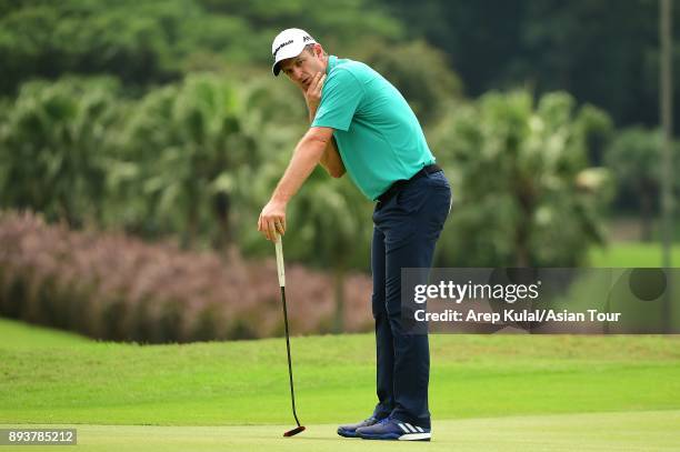 Justin Rose of England in action during round three of the 2017 Indonesian Masters at Royale Jakarta Golf Club on December 16, 2017 in Jakarta,...