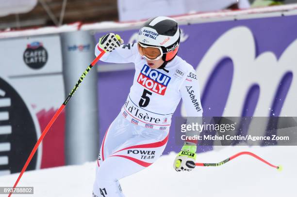 Nicole Schmidhofer of Austria celebrates during the Audi FIS Alpine Ski World Cup Women's Super G on December 16, 2017 in Val-d'Isere, France.