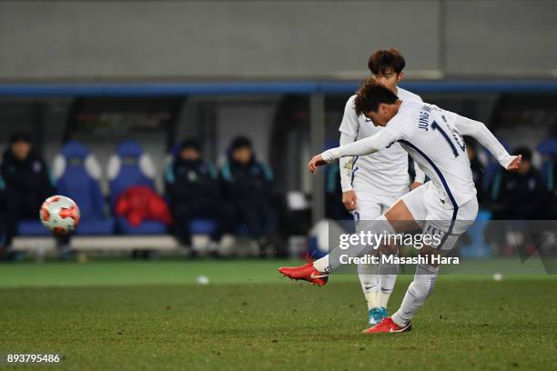 Jung Wooyoung of South Korea scores his side's second goal from a free kick to make it 2-1 during the EAFF E-1 Men's Football Championship between...
