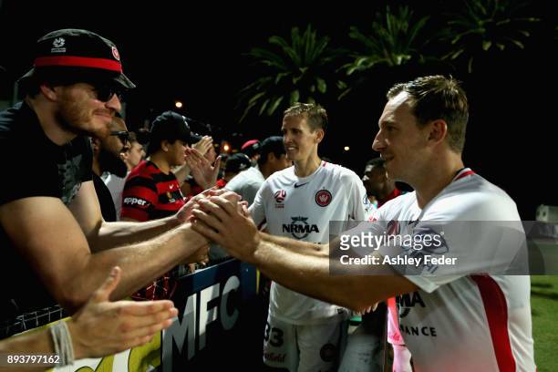 Brendon Santalab of the Wanderers celebrates the win with fans during the round 11 A-League match between the Central Coast and the Western Sydney...