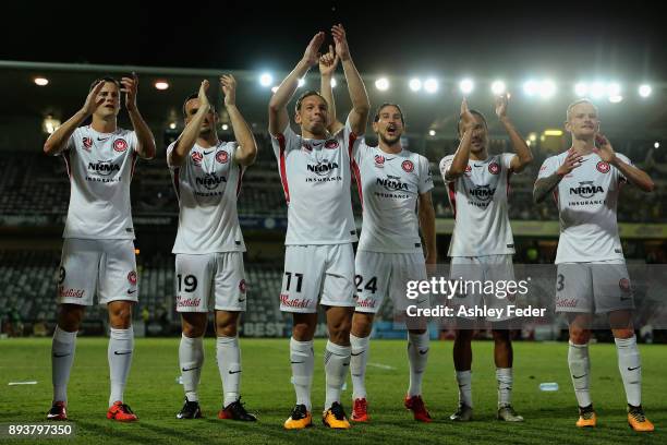 Wanderers team mates celebrate the win during the round 11 A-League match between the Central Coast and the Western Sydney Wanderers at Central Coast...