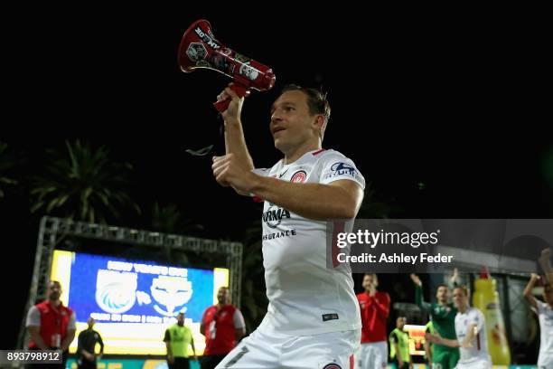 Brendon Santalab of the Wanderers celebrates the win with his team and fans during the round 11 A-League match between the Central Coast and the...