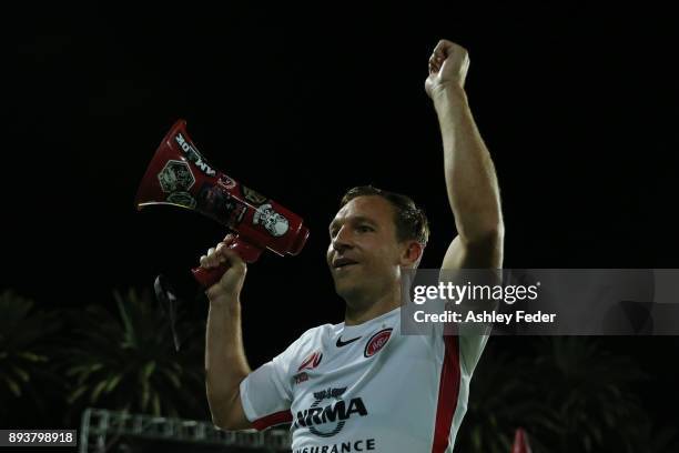 Brendon Santalab of the Wanderers celebrates the win with his team and fans during the round 11 A-League match between the Central Coast and the...