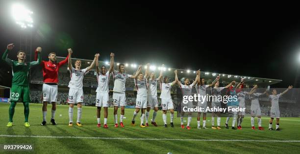 Wanderers team celebrate the win during the round 11 A-League match between the Central Coast and the Western Sydney Wanderers at Central Coast...