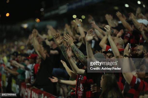 Western Sydney fans celebrate the win during the round 11 A-League match between the Central Coast and the Western Sydney Wanderers at Central Coast...