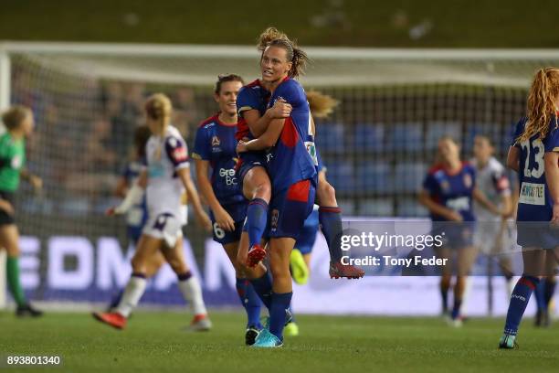 Jets players celebrate a goal that made the score level during the round eight W-League match between the Newcastle Jets and the Perth Wildcats at...