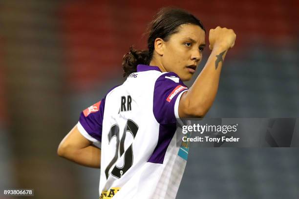 Samantha Kerr of Perth Glory celebrates a goal during the round eight W-League match between the Newcastle Jets and the Perth Wildcats at McDonald...