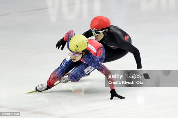 Yui Sakai and Shione Kaminaga compete in the Ladies' 500m Quarterfinal during day one of the 40th All Japan Short Track Speed Skating Championships...