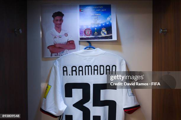 The shirt of Abdalla Ramadan is pictured at the dressing room of Al Jazira ahead of the FIFA Club World Cup UAE 2017 third place match between Al...
