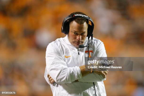 Head coach Butch Jones of the Tennessee Volunteers reacts against the Southern Miss Golden Eagles at Neyland Stadium on November 4, 2017 in...