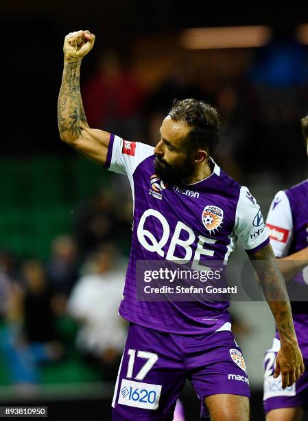 Diego Castro of the Glory celebrates after scoring a goal during the round 11 A-League match between the Perth Glory and the Wellington Phoenix at...