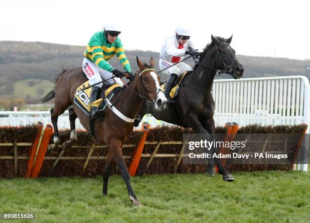 Apple's Shakira ridden by Barry Geraghty wins the JCB Triumph Trial Juvenile Hurdle Race from Nube Negra during day two of The International meeting...