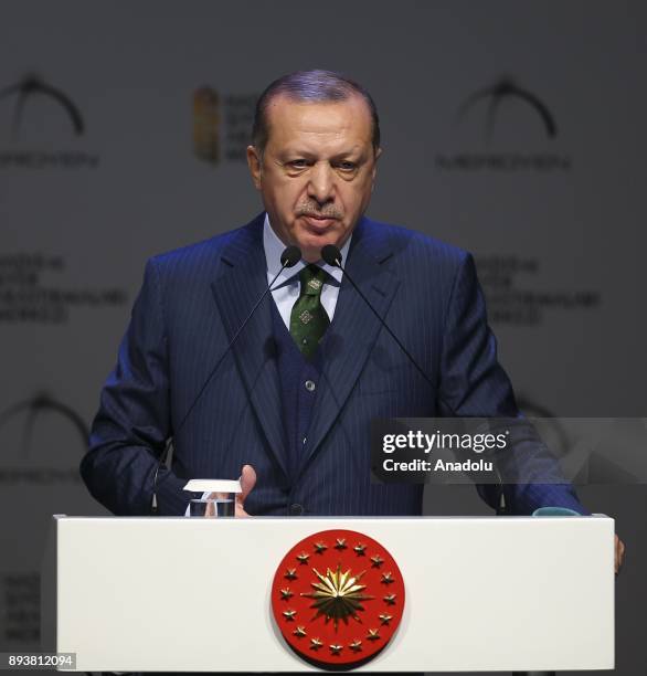 Turkish President Recep Tayyip Erdogan delivers a speech during Meridyen Associations 7th Hadith and Sira Studies Awards Ceremony at the Halic...