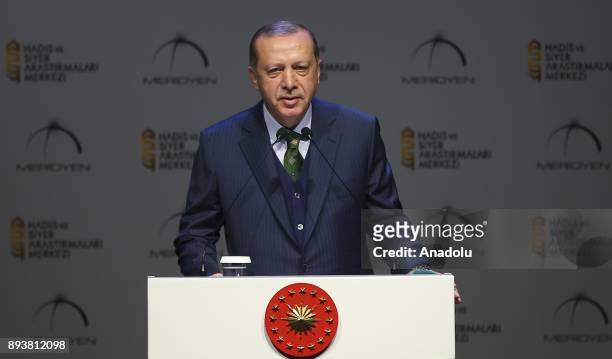Turkish President Recep Tayyip Erdogan delivers a speech during Meridyen Associations 7th Hadith and Sira Studies Awards Ceremony at the Halic...