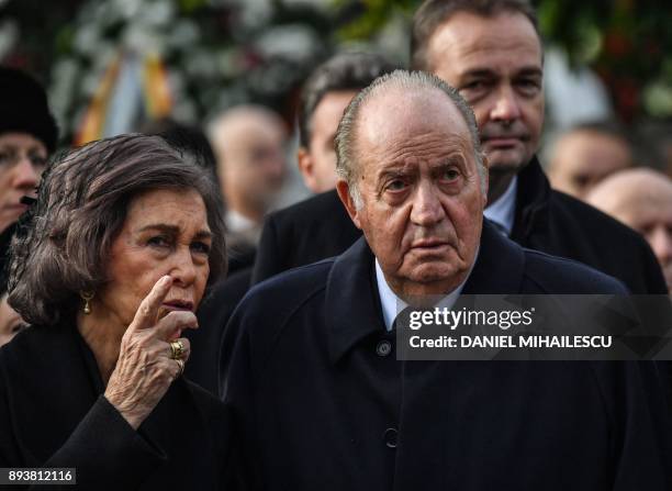 Former Queen of Spain Sophia and Former King Juan Carlos I of Spain attend the funeral ceremony for the late King Michael I of Romania inside the...