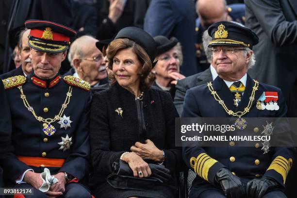 Grand Duke Henri of Luxembourg, former Queen of Spain Sophia and King Carl XVI Gustaf of Sweden attend the funeral ceremony for the late King Michael...