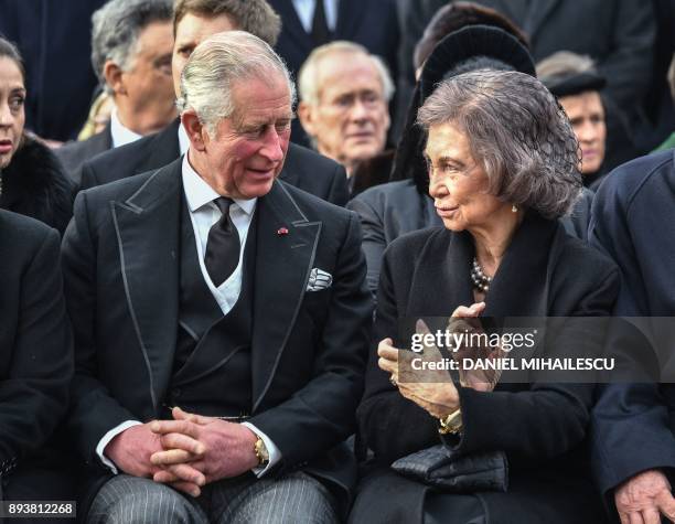 Prince Charles of Wales and former Queen of Spain Sophia attend the funeral ceremony for the late King Michael I of Romania inside the former Royal...