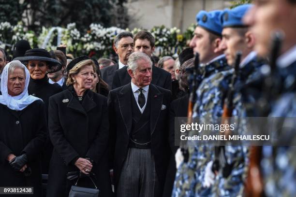 Princess Muna of Jordan, Queen Anne-Marie of Greece and Prince Charles of Wales attend the funeral ceremony for the late King Michael I of Romania...