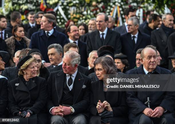 Queen Anne-Marie of Greece, Charles Prince of Wales, former Queen of Spain Sophia and former King Juan Carlos I of Spain attend the funeral ceremony...