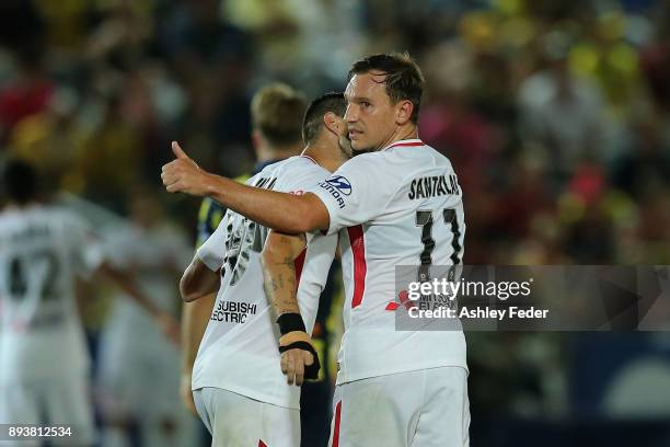 Brendon Santalab of the Wanderers cheers to the crowd after being subbed off during the round 11 A-League match between the Central Coast and the...