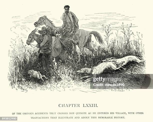 of the ominous accidents that crossed don quixote - hunting dog stock illustrations
