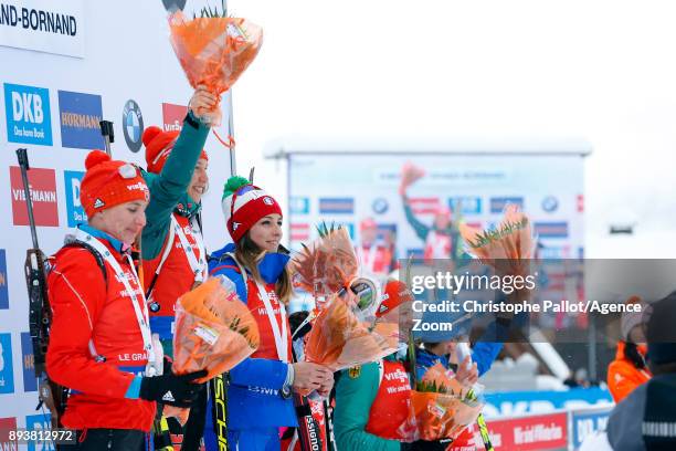 Laura Dahlmeier of Germany takes 1st place, Anastasiya Kuzmina of Slovakia takes 2nd place, Lisa Vittozzi takes 3rd place during the IBU Biathlon...