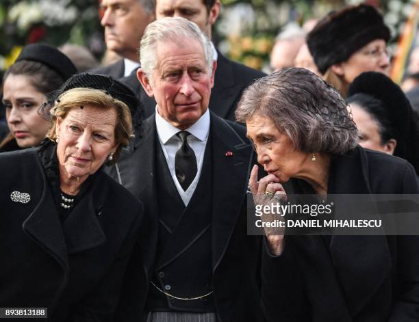 Queen Anne-Marie of Greece, Charles Prince of Wales and former Queen of Spain Sophia attend the funeral ceremony for the late King Michael I of...