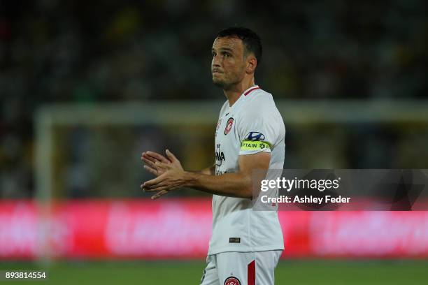 Mark Bridge of the Wanderers cheers his team on during the round 11 A-League match between the Central Coast and the Western Sydney Wanderers at...