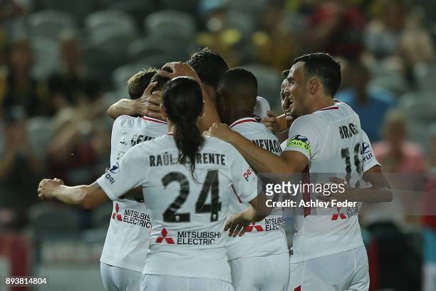 Western Sydney Wanderers celebrate a goal during the round 11 A-League match between the Central Coast and the Western Sydney Wanderers at Central...