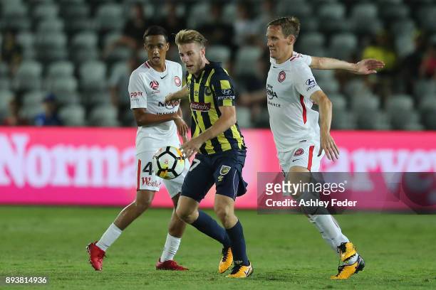 Andrew Hoole of the Mariners controls the ball during the round 11 A-League match between the Central Coast and the Western Sydney Wanderers at...