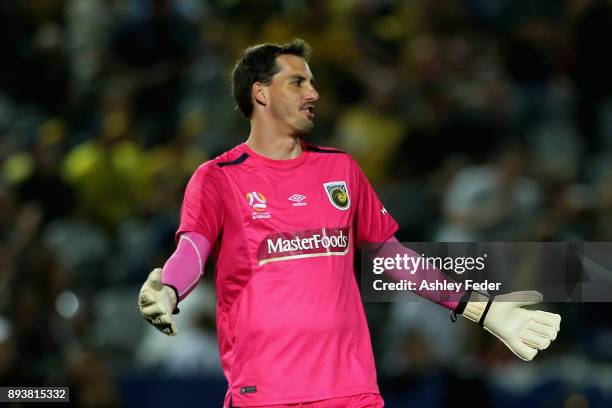 Ben Kennedy of the Mariners questions a red card decision during the round 11 A-League match between the Central Coast and the Western Sydney...