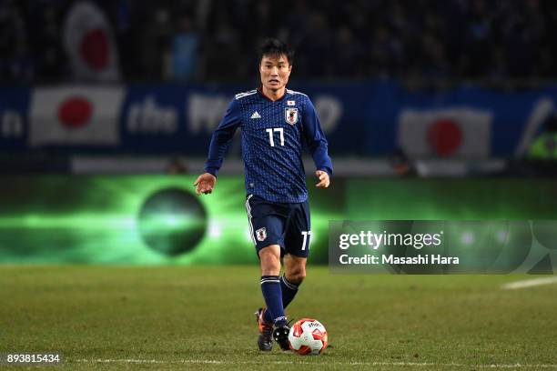 Yasuyuki Konno of Japan in action during the EAFF E-1 Men's Football Championship between Japan and South Korea at Ajinomoto Stadium on December 16,...