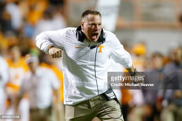 Head coach Butch Jones of the Tennessee Volunteers reacts against the Southern Miss Golden Eagles at Neyland Stadium on November 4, 2017 in...