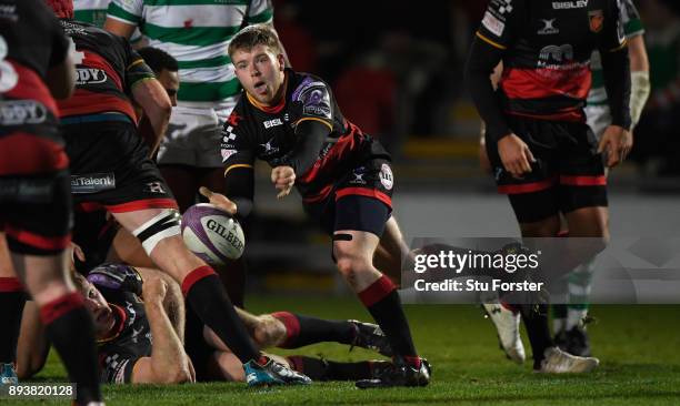 Dragons player Dan Babos in action during the European Rugby Challenge Cup match between the Dragons and Newcastle Falcons at Rodney Parade on...