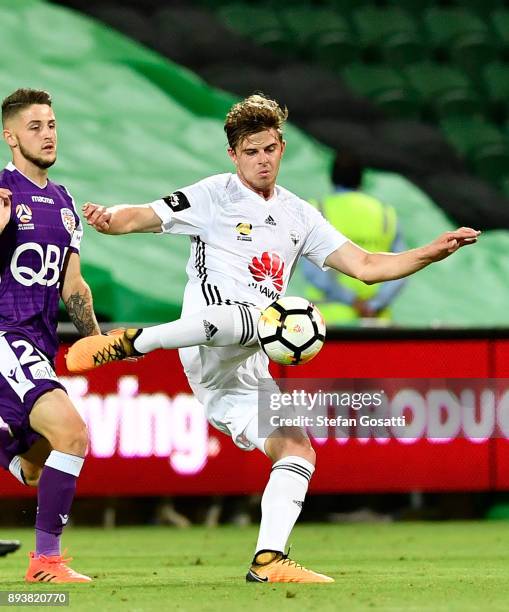 Alex Rufer of the Phoenix kicks during the round 11 A-League match between the Perth Glory and the Wellington Phoenix at nib Stadium on December 16,...