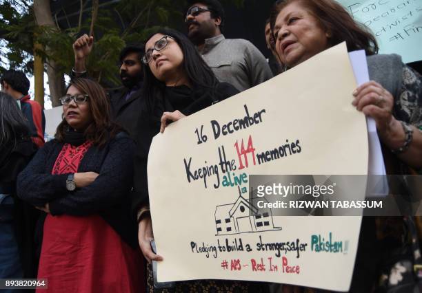 Pakistani human rights activists commemorate the third anniversary of Army Public School massacre in Karachi on December 16, 2017. In December 2014...