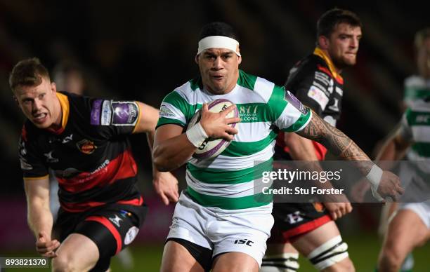 Falcons centre Josh Matavesi in action during the European Rugby Challenge Cup match between the Dragons and Newcastle Falcons at Rodney Parade on...