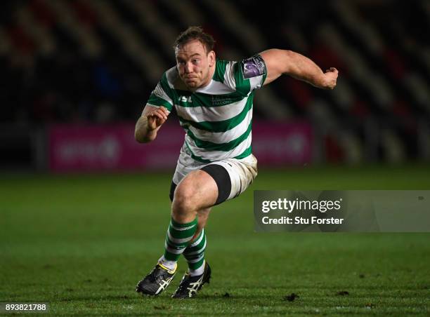 Falcons hooker Ben Sowrey in action during the European Rugby Challenge Cup match between the Dragons and Newcastle Falcons at Rodney Parade on...