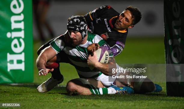 Falcons player Gary Graham scores the third try despite the attentions of Gavin Henson during the European Rugby Challenge Cup match between the...