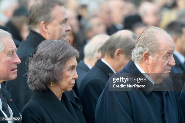 Prince Charles of Britain and Former Spanish Royals Queen Sofia and King Juan Carlos I outside the former Royal Palace in Bucharest, on December 16...