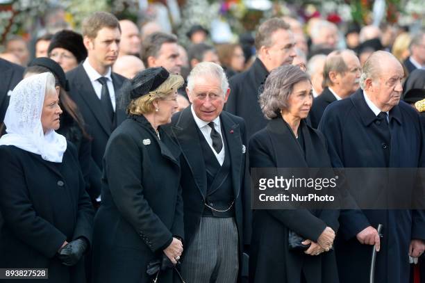 Prince Charles of Britain, Former Spanish Royals Queen Sofia and King Juan Carlos I outside the former Royal Palace in Bucharest, on December 16 to...