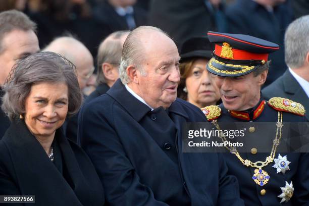 Former Spanish Royals Queen Sofia and King Juan Carlos I and the Grand Duke Henri of Luxembourg outside the former Royal Palace in Bucharest, on...