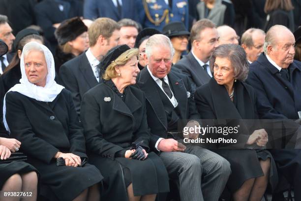 Prince Charles of Britain, Princess Chantal of France, Former Spanish Royals Queen Sofia and King Juan Carlos I outside the former Royal Palace in...