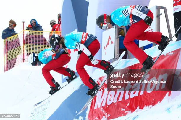 Chloe Trespeuch of France, Julia Pereira of France, Nelly Moenne Loccoz of France during training during the FIS Freestyle Ski World Cup, Men's and...
