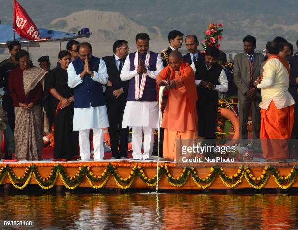 Uttar Pradesh state chief Minister Adityanath Yogi as other state ministers , take part in Morning Ganga Aarti , at sangam , confluence of river...